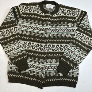 Vintage Sweater Jersild Wool Cardigan M/L Olive Green Fair Isle Button Front EUC
